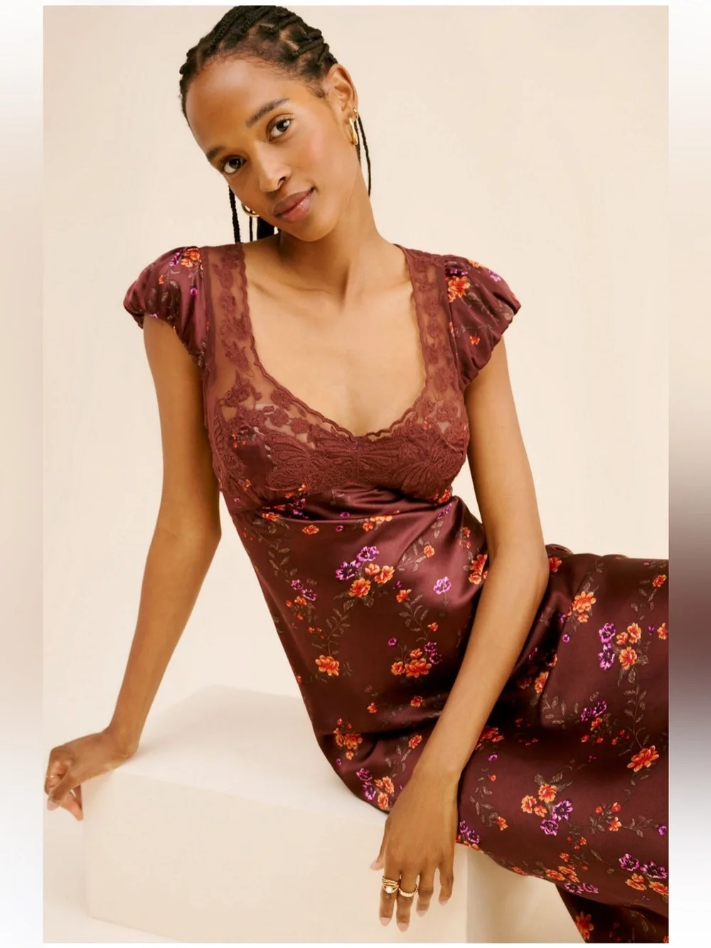 Free People Butterfly Babe Burgundy Floral Lace-Trim Maxi Dress